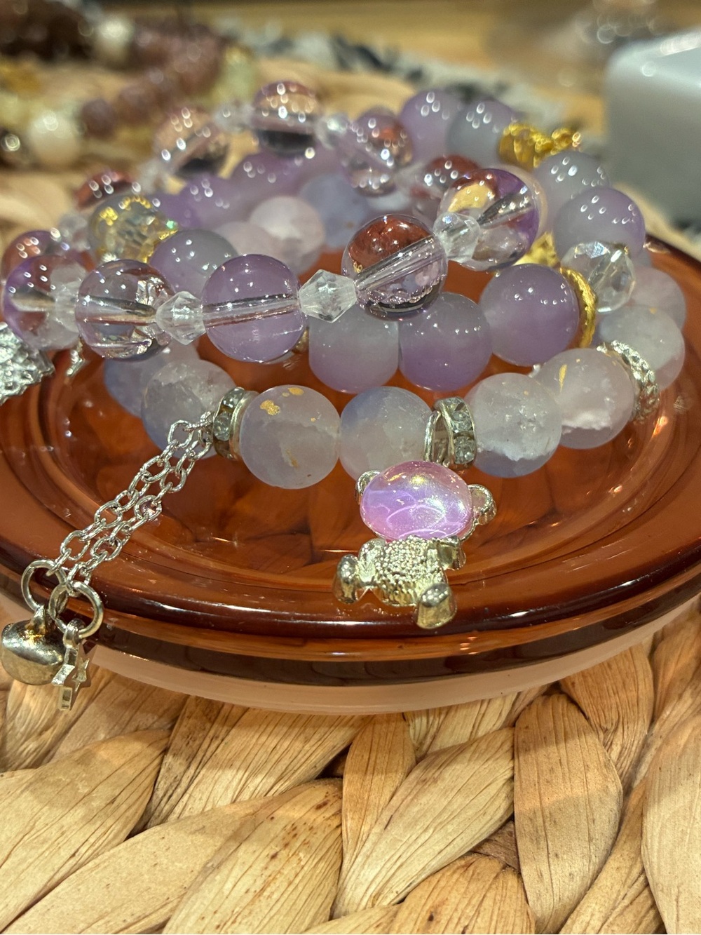 Stone Handcrafted Lavender Bead Bracelet with Silver Turtle Charm